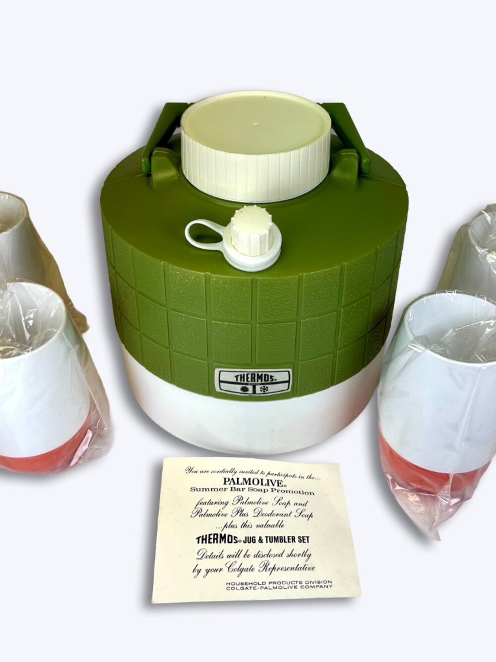Vtg 1972 Thermos Picnic Jug Set Palmolive Promo Avocado Green 1 Gal 4 Cups NOS